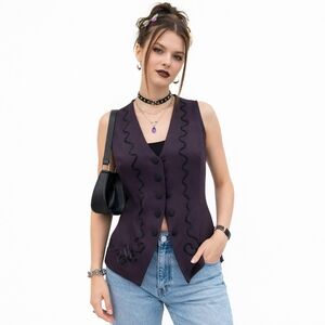 USA Vtg 90s! JAY JACOBS Size 5 Dark Purple Tailored Vest Black‎ Accent Tie Back